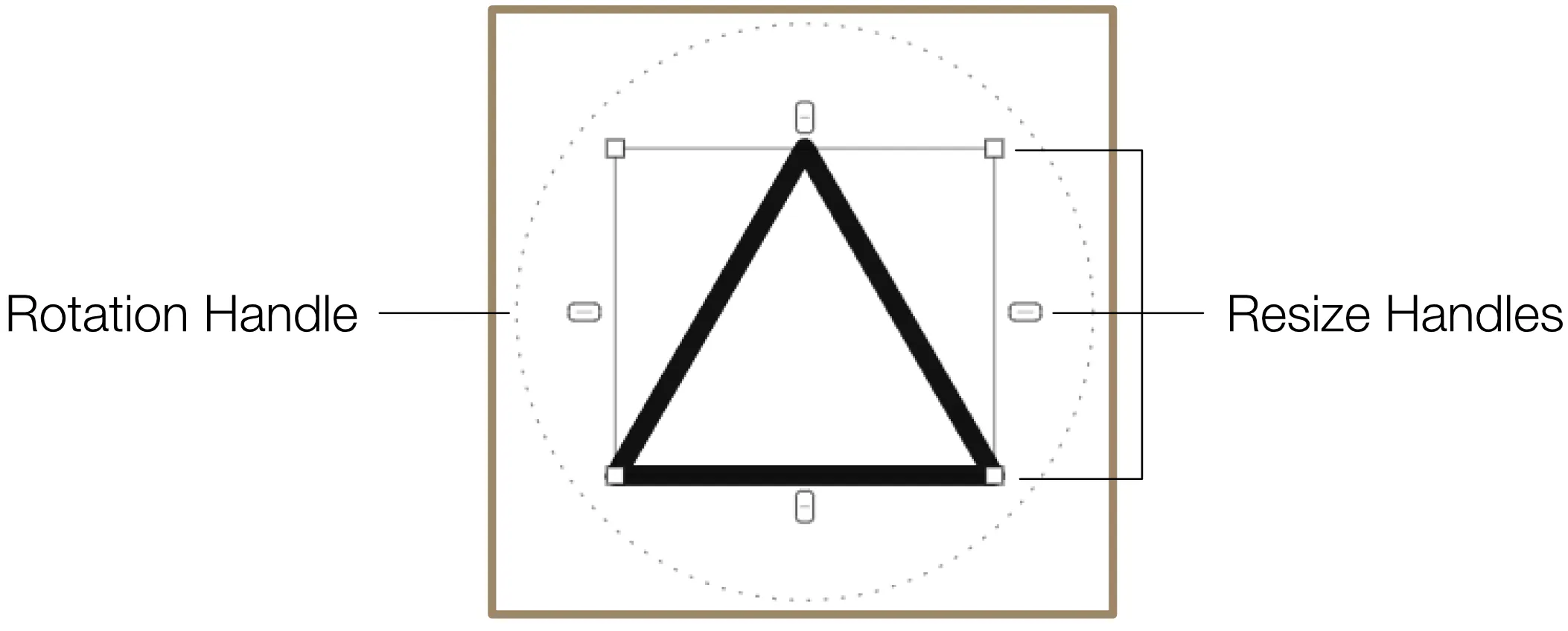 Selected object showing resize handles, rotation handle, move, group, and color controls